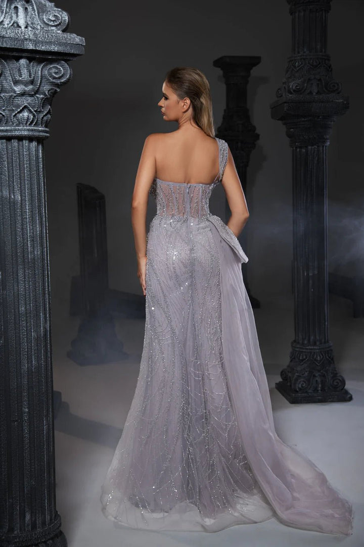 Gothic Grey Green One-Sleeve and Sequin Evening Gown with High Slit and Draped Detail - Designer Sequin Gown and Glitter Dress Plus Size - WonderlandByLilian