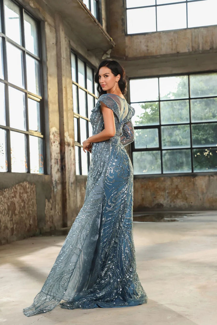 Gothic Grey Green One-Sleeve Blue Sequin Evening Gown with High Slit and Draped Detail - Designer Sequin Gown and Glitter Dress Plus Size - WonderlandByLilian