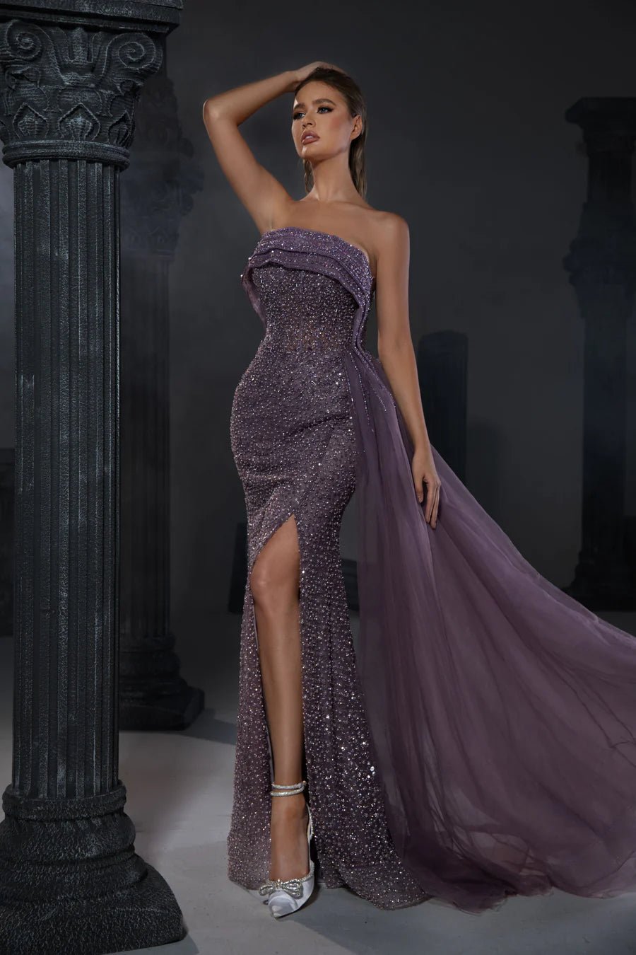 strapless open back dress Gothic Mauve Purple Sequin Evening Gown with Strapless Design and Tulle Train