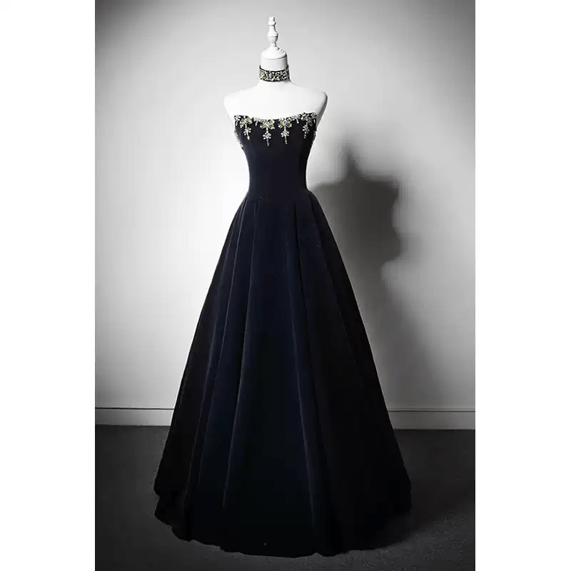 Gothic Navy Blue Evening Dress with Corset Back - Embellished Gown and   WonderlandByLilian