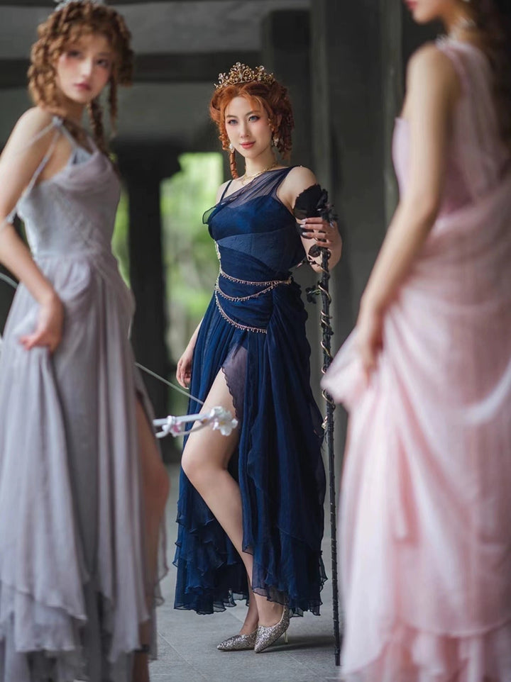 Gothic Navy Blue Fantasy Dress - Fairy Evening Dress with Draped Pearls Plus Size - WonderlandByLilian