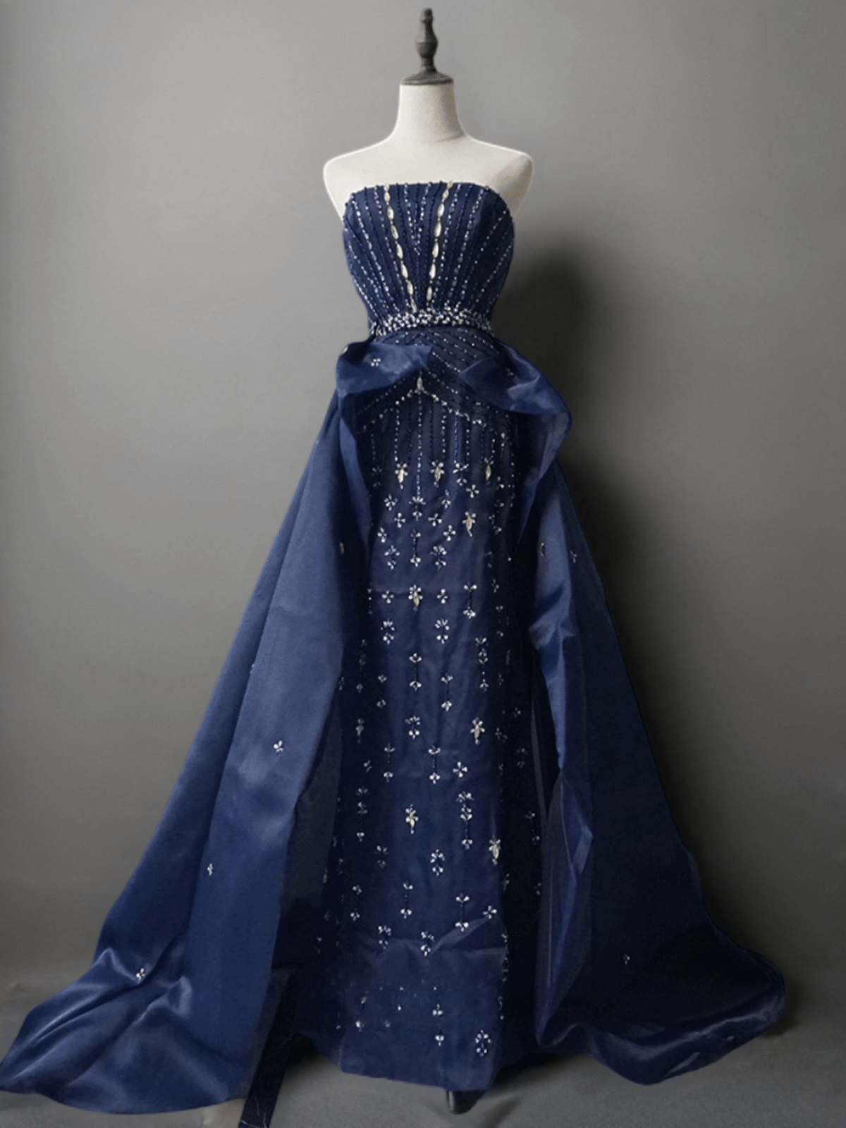 Gothic Navy Blue Strapless Sequin Evening Gown