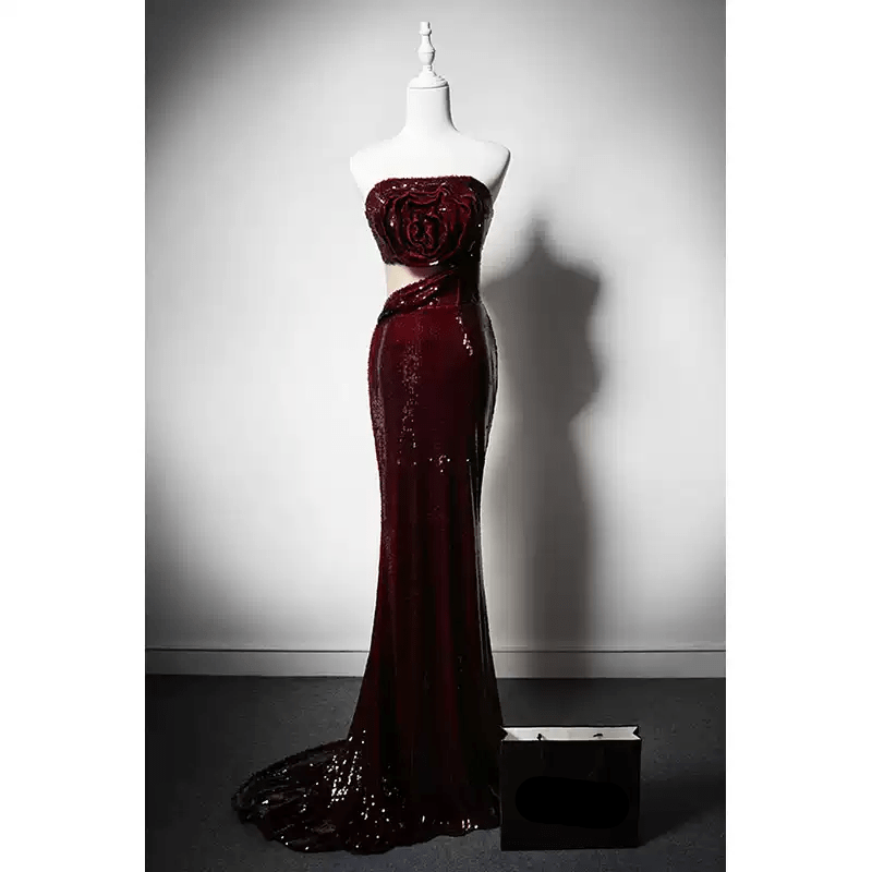 strapless open back dress Gothic Red Evening Dress with Floral Accents - Red Sequin Evening Gown