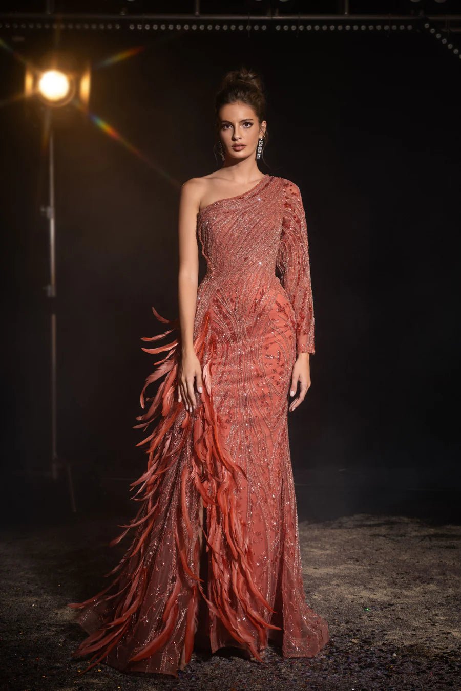 Gothic Red One-Shoulder Sequin Evening Gown