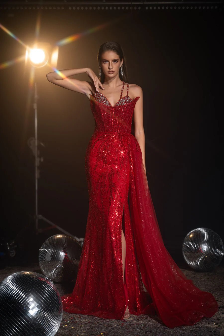 Gothic Red Sequin Evening Gown with Double Strap Detail Pretty Sequin Dress and Designer Sequin Gown Plus Size