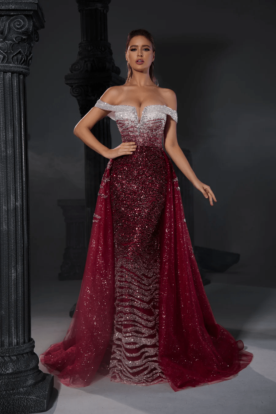 Gothic Red Sequin Evening Gown with Off-Shoulder Design - Designer Sequin Gown and Glitter Dress with Tulle Plus Size US 6 / Blue Gothic Red Sequin Evening Gown with Off-Shoulder Design - Designer Sequin Gown and Glitter Dress with Tulle Plus Size US 6 / Blue