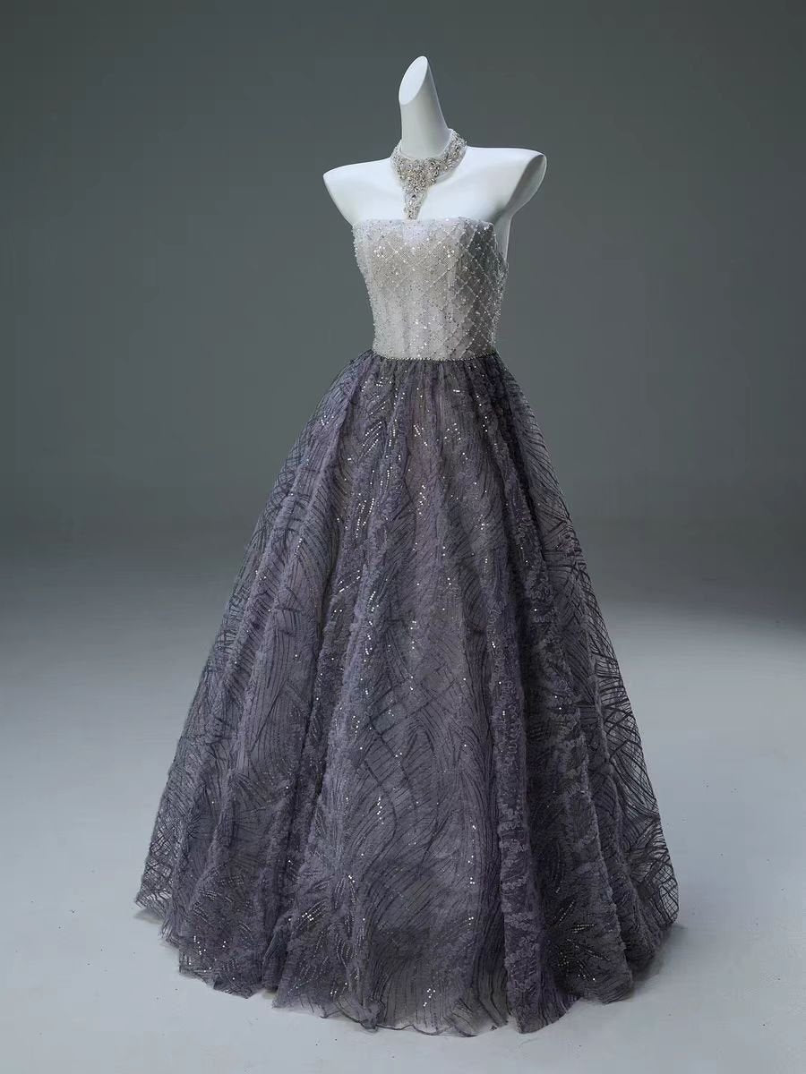 Gray and Lavender Strapless Lace Ball Gown Evening Dress - Plus Size Size 4 / Gray Gray and Lavender Strapless Lace Ball Gown Evening Dress - Plus Size Size 4 / Gray