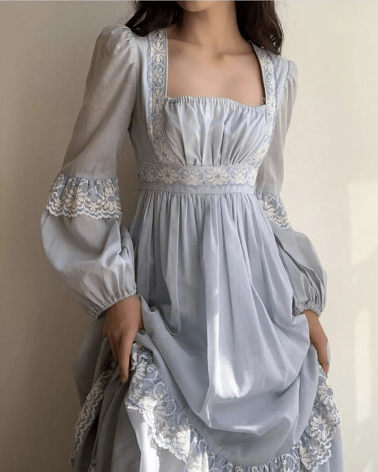 Gunne Sax Inspired Dress - Blue Embroidery Victorian Lace Day Dress - Plus  Size