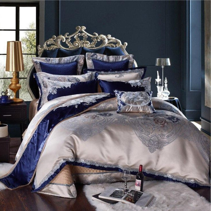 Impero Blue Silver Silk Cotton Jacquard Luxury Chinese Bedding Set - WonderlandByLilian