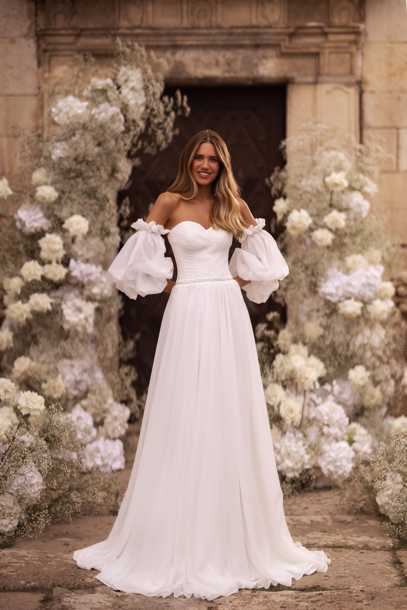 ivory wedding dress sleeves Ivory Detachable Sleeve High Slit A-Line Wedding Dress with Appliques, Diamond White / 24 main image 1