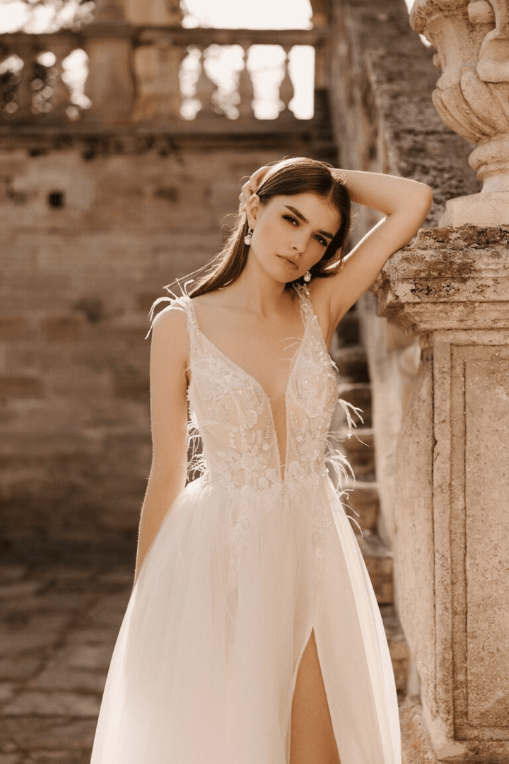 Ivory Aline Ball Gown Wedding Dress - Open Back Wedding Gown - Floral Applique Dress with High Slit Plus Size - PELAGIA - WonderlandByLilian