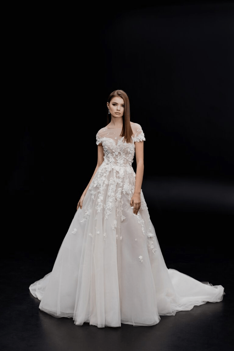 Ivory Aline Wedding Dress with Lace Sleeves - Floral Applique Wedding Dress Plus Size