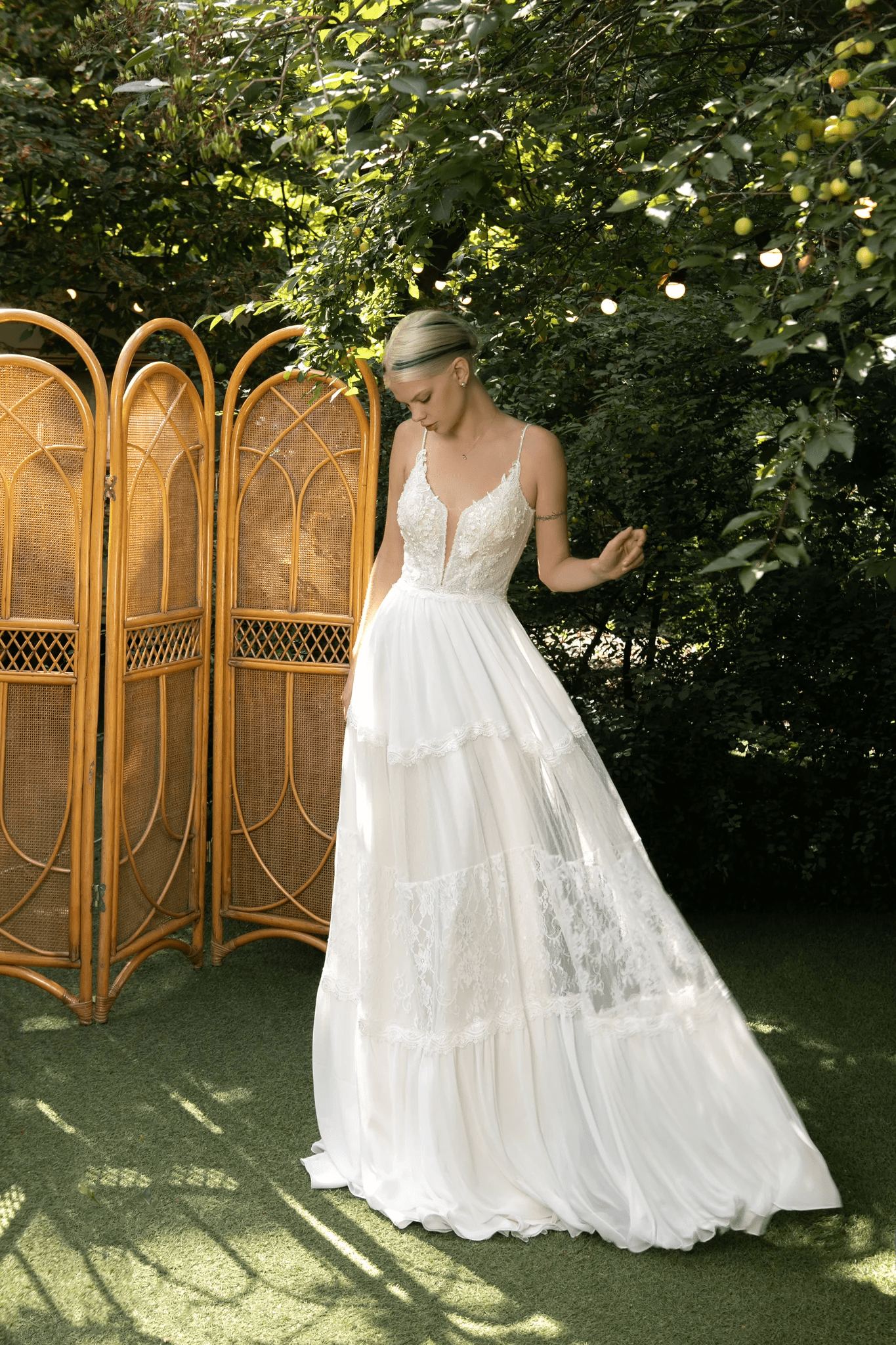 Ivory Boho Wedding Dress with Spaghetti Strap – Plunge Neck Wedding Dress with Chiffon Skirt and Lace Plus Size