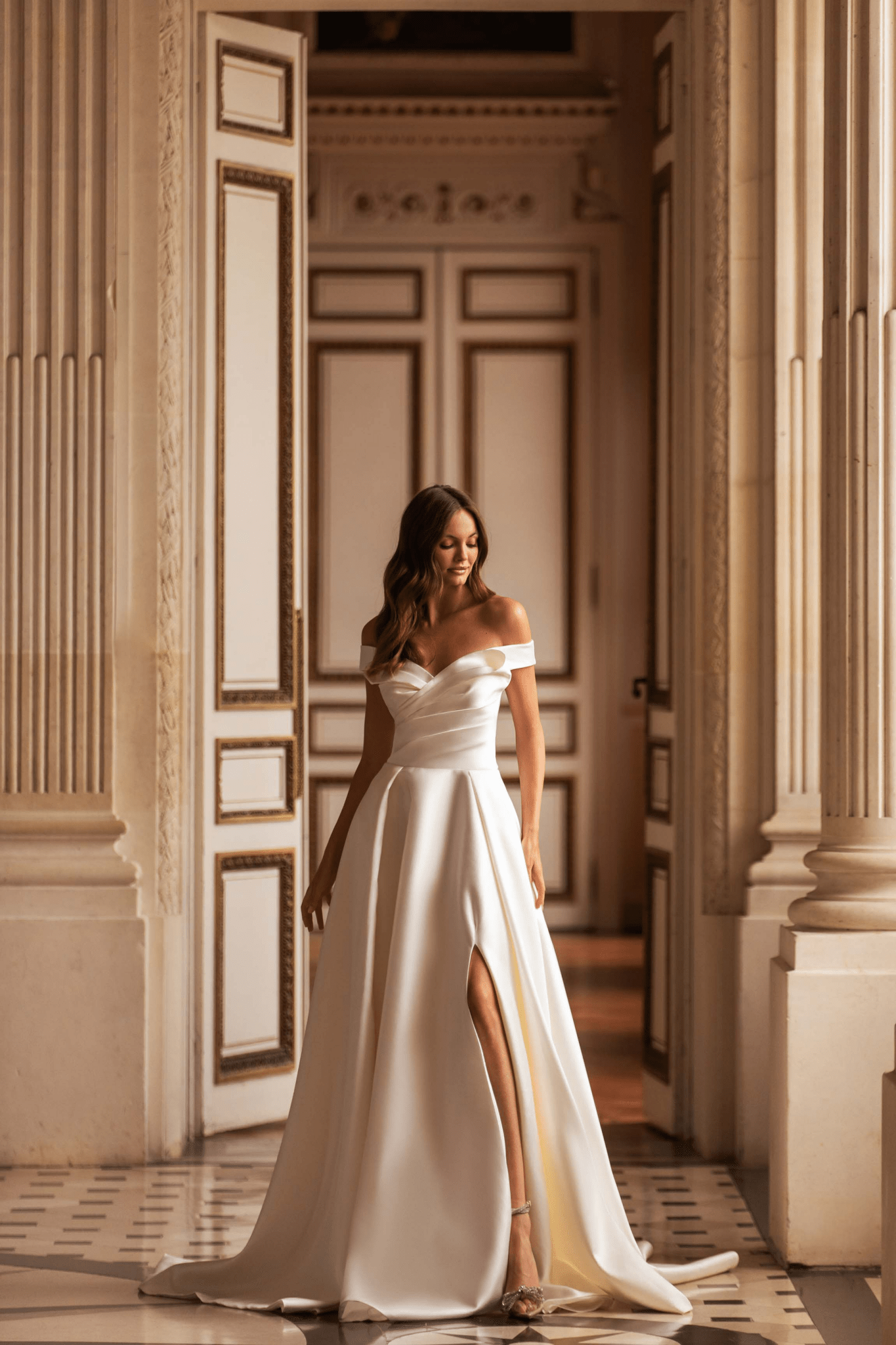 Ivory Hollywood Glamour Wedding Dress - Satin Wedding Dress with Slit - Criss-Cross Bodice with Dropped Shoulders Plus Size Ivory Hollywood Glamour Wedding Dress - Satin Wedding Dress with Slit - Criss-Cross Bodice with Dropped Shoulders Plus Size