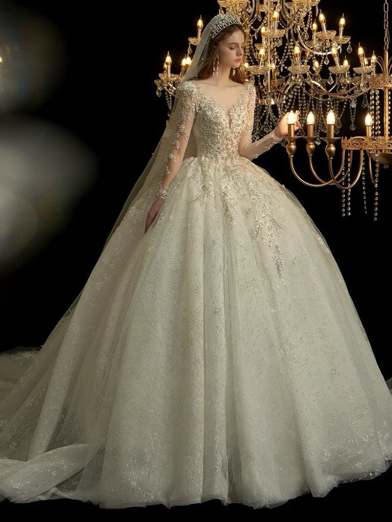 Ivory Long Sleeve Wedding Dress with Bow Back - Sparkly Wedding Dress with Cathedral Train