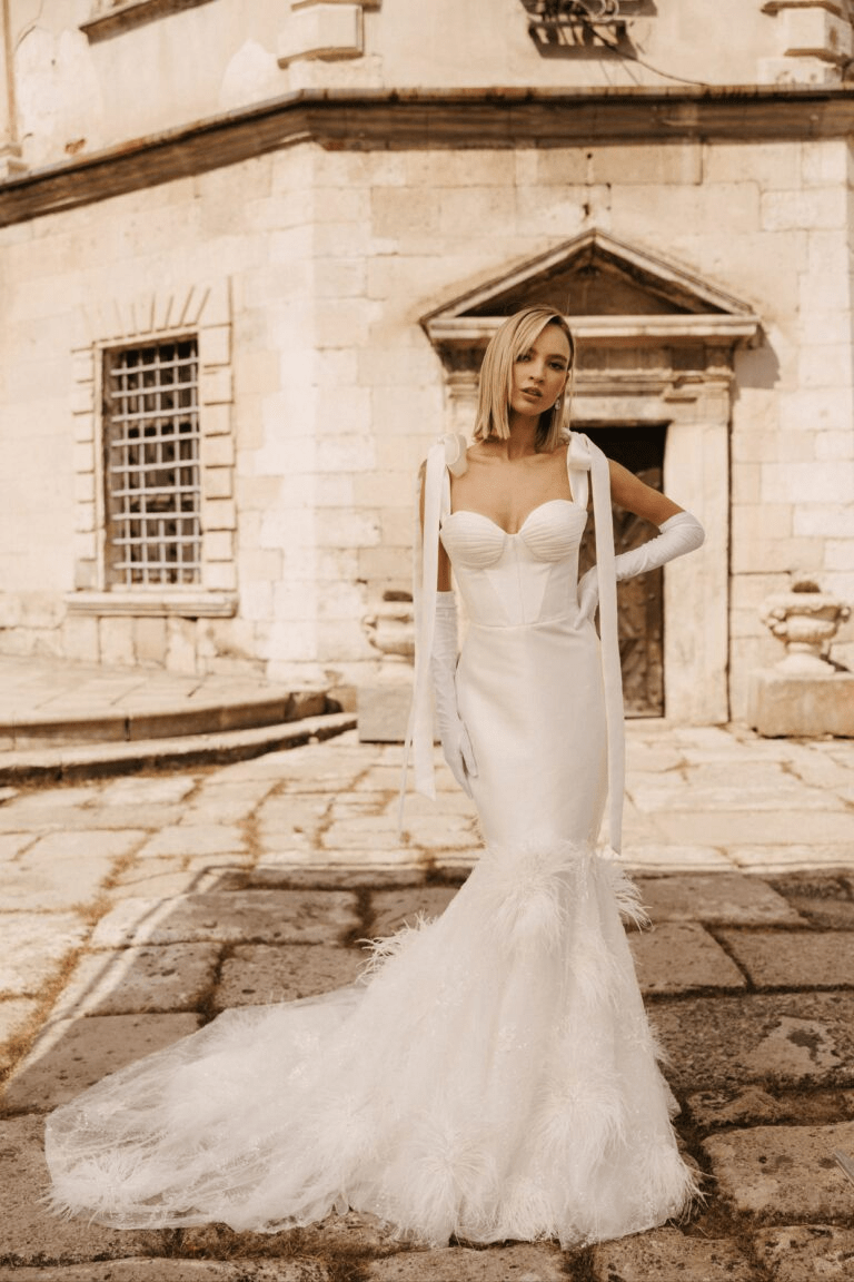 Ivory Mermaid Wedding Dress - Strapless Sweetheart Neckline Wedding Dress with Bow - Feather Wedding Dress Plus Size - POLLINI Size 8 Ivory Mermaid Wedding Dress - Strapless Sweetheart Neckline Wedding Dress with Bow - Feather Wedding Dress Plus Size - POLLINI Size 8