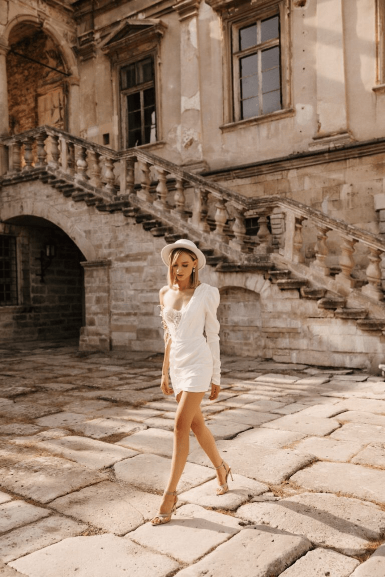 Ivory Mini Elopement Dress - Off One Shoulder Wedding Dress - Short Length Wedding Dress with Lace Plus Size - JEMMA Size 6 Ivory Mini Elopement Dress - Off One Shoulder Wedding Dress - Short Length Wedding Dress with Lace Plus Size - JEMMA Size 6