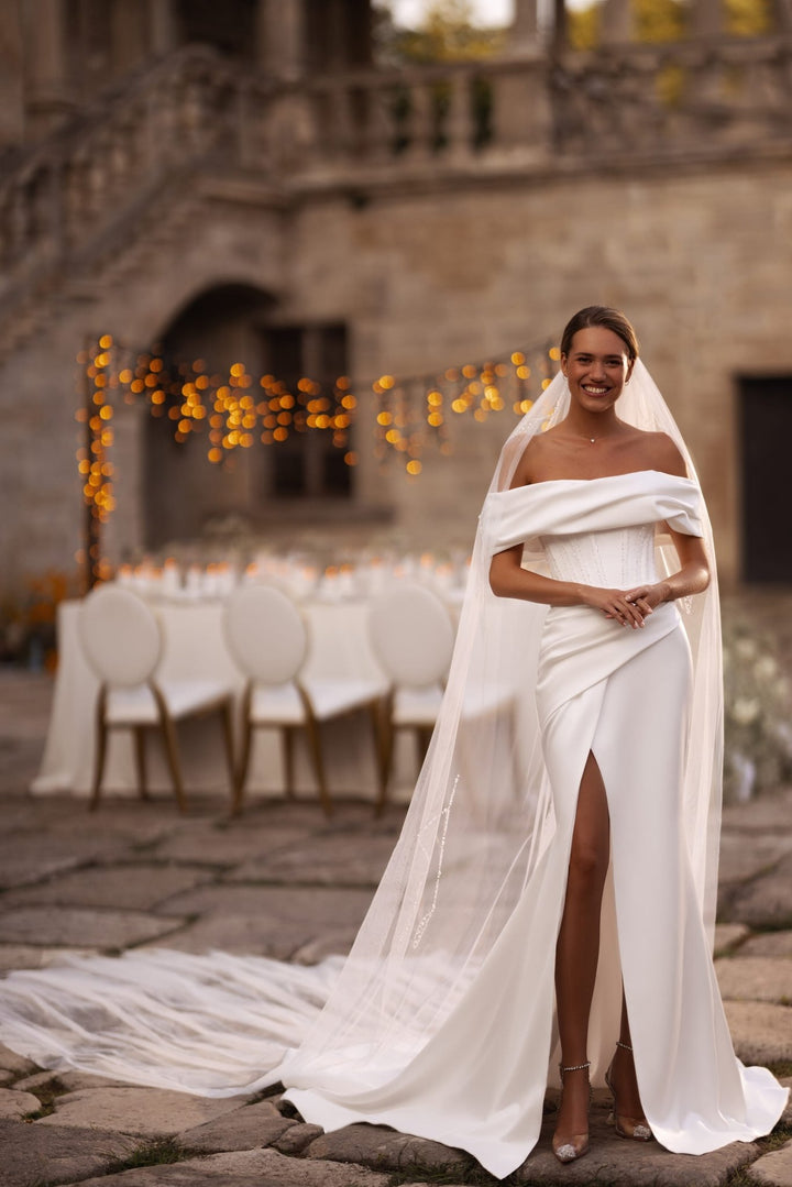 Ivory Off-Shoulder Satin Wedding Dress with Corset and High Slit Plus Size - WonderlandByLilian