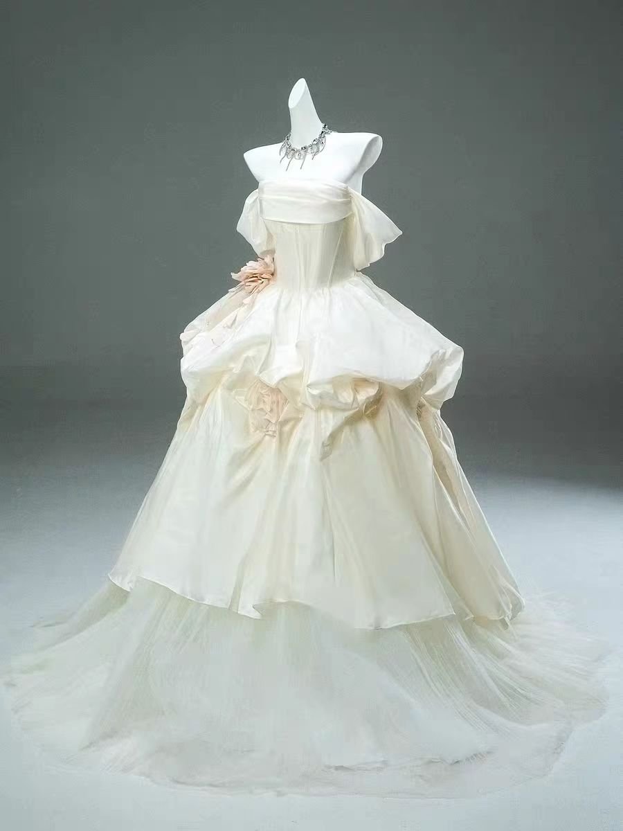 whimsical white dress Ivory White Satin and Tulle Vintage Ball Gown Evening Dress Wedding Dress