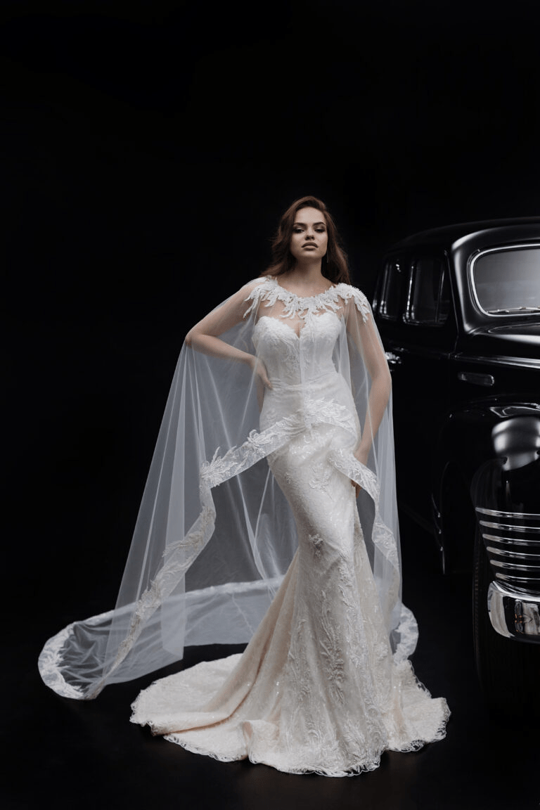 Ivory Tulle Mermaid Wedding Gown with Lace Cape Elegant Bridal Gown and Off Shoulder Wedding Dress Plus Size REBECCA