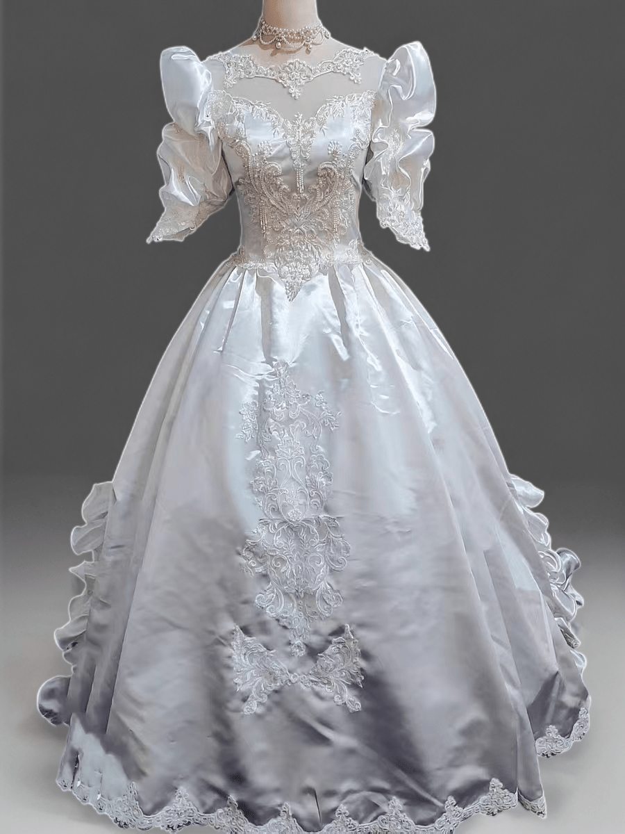 Ivory White Antique Vintage A - line Satin and Lace Embroidered Wedding Dress with Puff Sleeves and Long Train - Plus Size - WonderlandByLilian