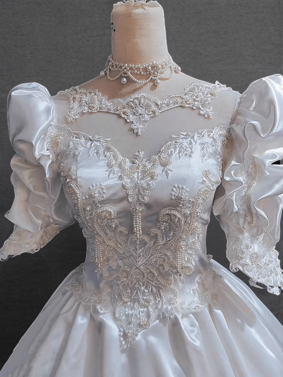Ivory White Antique Vintage A - line Satin and Lace Embroidered Wedding Dress with Puff Sleeves and Long Train - Plus Size - WonderlandByLilian