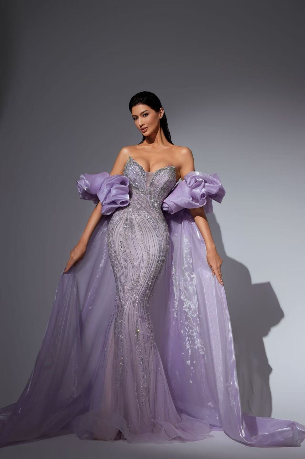 Lavender Purple Glitter Maxi Dress with Dramatic Satin Sleeves – Strapless Sequin Evening Gown Plus Size Size 2 / Purple
