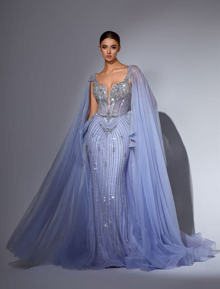 Blue Designer Sequin Gown - Off-Shoulder Evening Gown with Tulle Sleeves – Pink Sequin Dress Plus Size