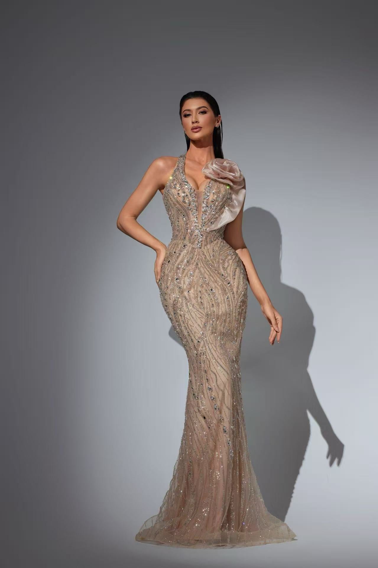 Champagne Pretty Sequin Dress with Halter Neck and Floral Shoulder  Black Glitter Maxi Dress Plus Size Size 16 / Champagne