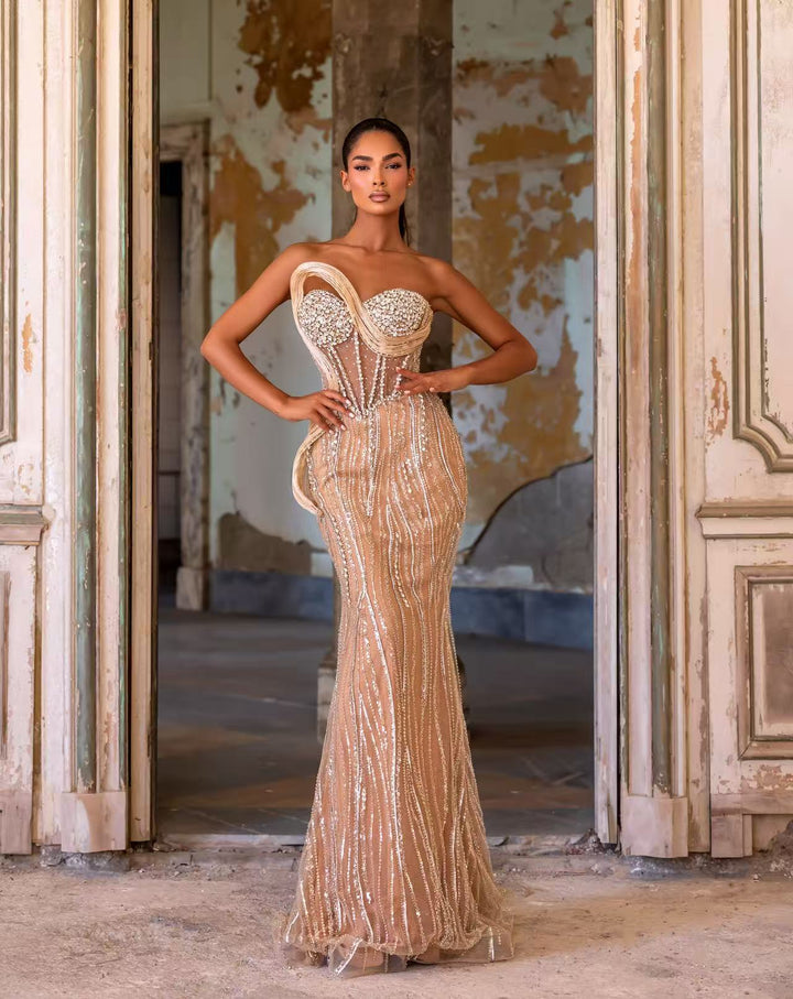 Champagne Sequin Gown with Asymmetric Corset Bodice – Illusion Formal Dress Plus Size