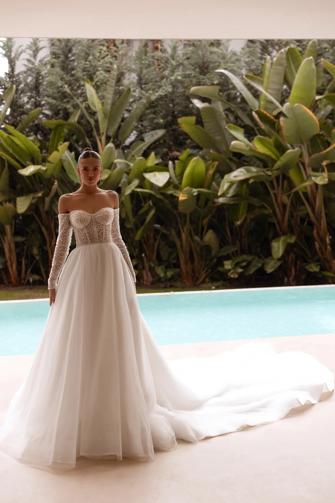 White Off-Shoulder Lace Wedding Dress with Long Sheer Sleeves and