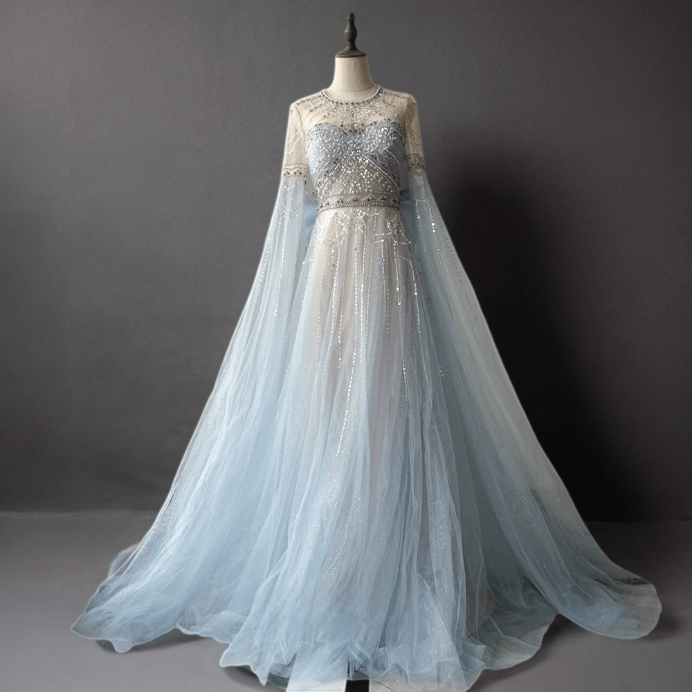 Light Blue Beaded Long Sleeve Bridal Gown Elegant Tulle Wedding Dress with Bow Plus Size