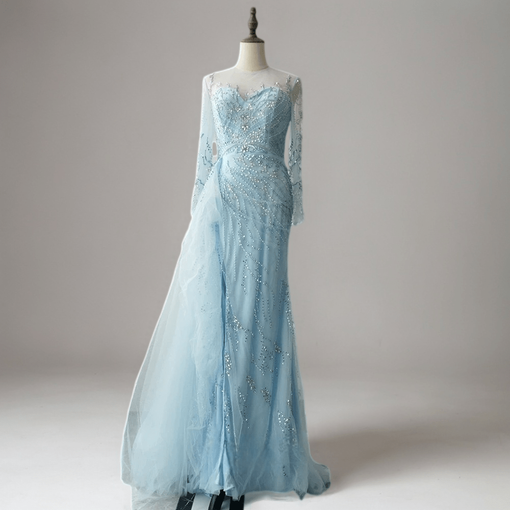 Light Blue Beaded Long Sleeve Evening Dress and Pretty Sequin Dress Elegant Tulle Formal Gown Plus Size