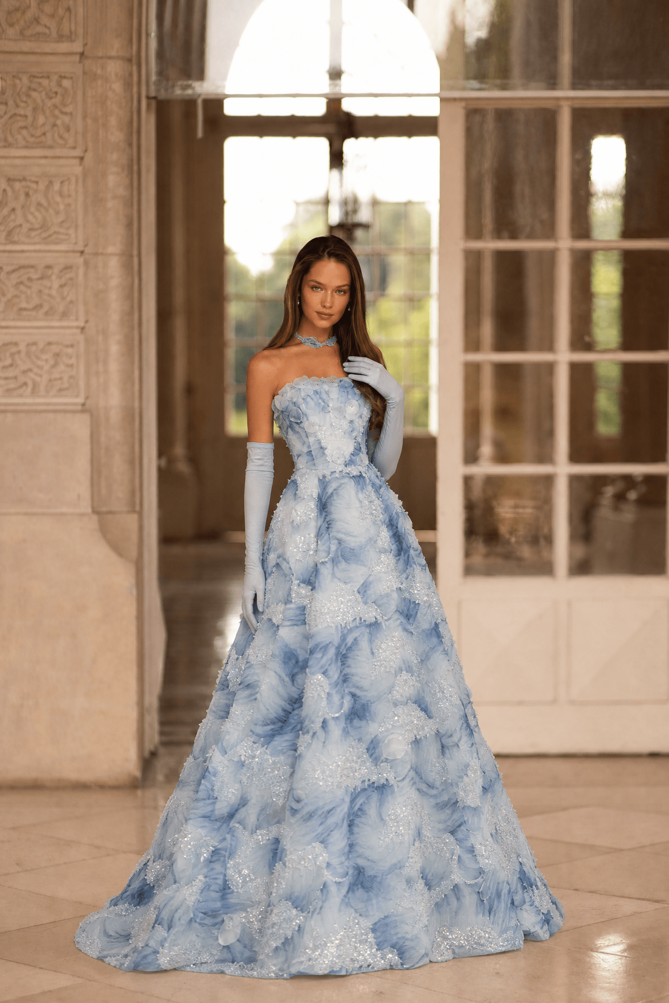 Light Blue Evening Dress with Floral Embellishments and Strapless – Floral Evening Dress with Lace-Up Back Plus Size Size 8 / Light Blue / Dress