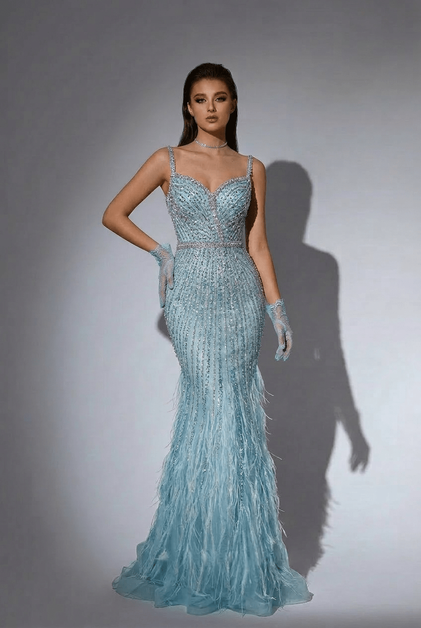 Light Blue Sequin and Feather Dress with Sleeveless – Sparkly Maxi Dress with Beaded Straps Plus Size