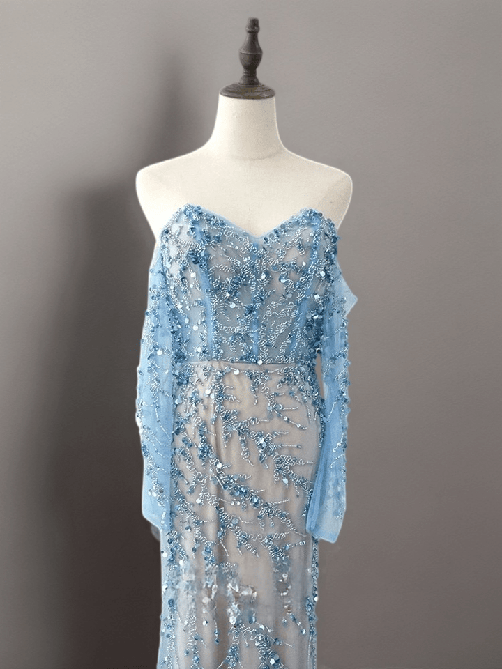 Light Blue Strapless Glitter Dress with Long Sleeves - Elegant Off-Shoulder and Beaded SequinEvening Gown Plus Size - WonderlandByLilian