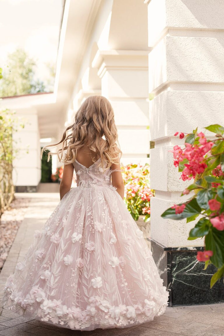 Light Lilac Guipure Plus Size Girl’s Dress – Ivy Party Maxi Gown with 3D Floral Embroidery and Beads for Special Occasions - WonderlandByLilian