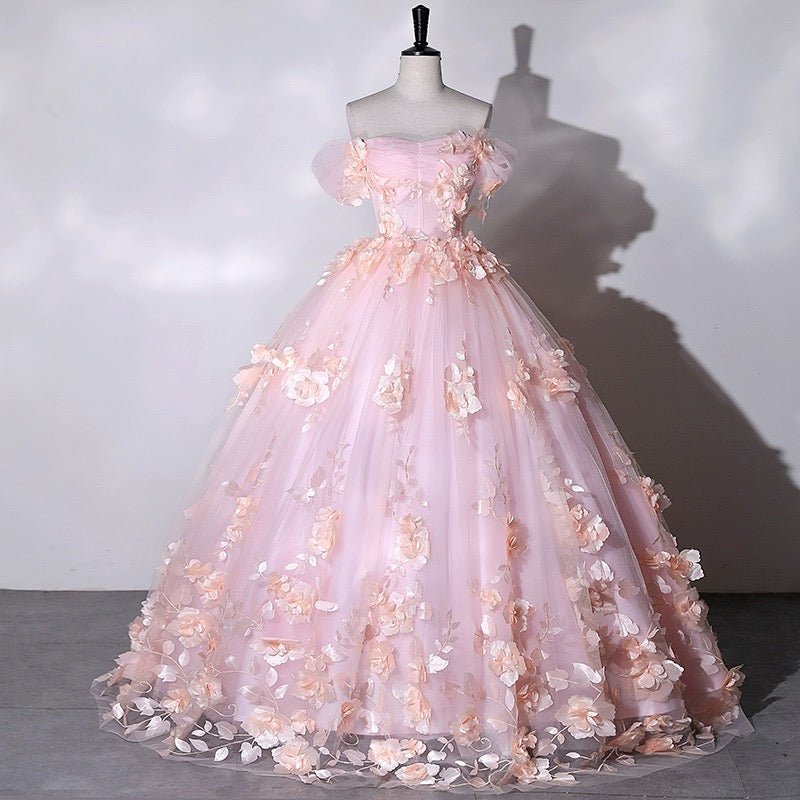 Light Pink Dress for Wedding - Pink Floral Appliqu Wedding Gown with Corset Back Plus Size Size 18W / Pink Light Pink Dress for Wedding - Pink Floral Appliqu Wedding Gown with Corset Back Plus Size Size 18W / Pink