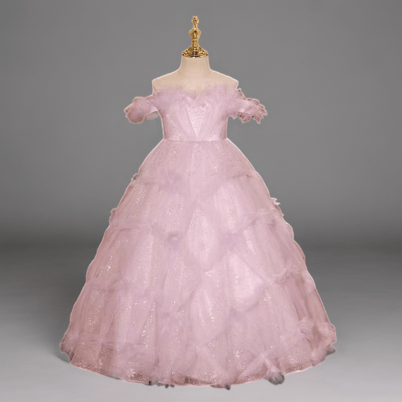 Light Pink Glitter Tulle Off-Shoulder Flower Girl Dress with Floral De   WonderlandByLilian