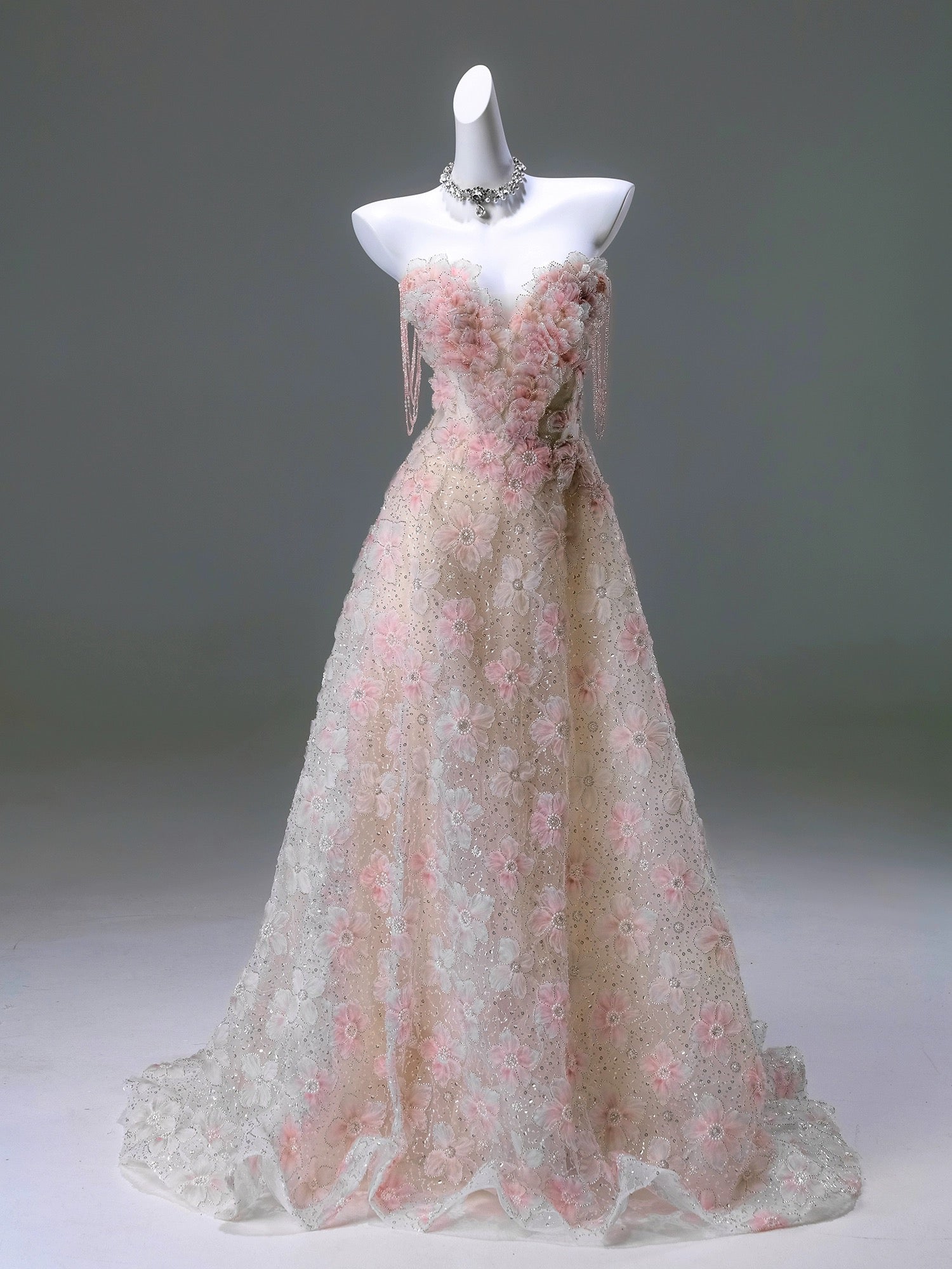 Light Pink Lace Floral Wedding Gown - Corset Back Wedding Dress with C ...
