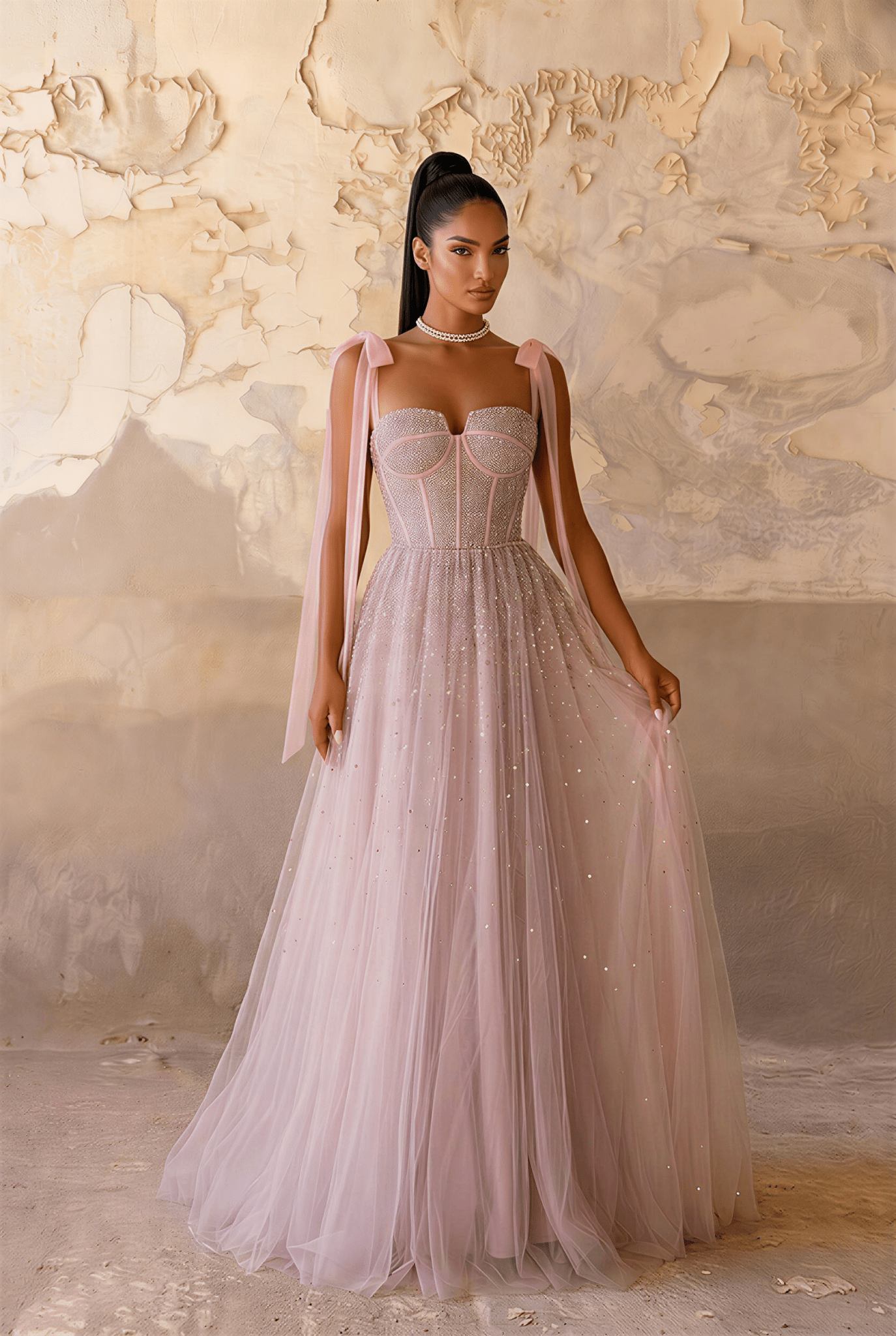 Light Pink Sequin Evening Dress with Corset Bodice – Sparkly Maxi Dress with Corset Back Plus Size Size 6 / Pink / No Choker