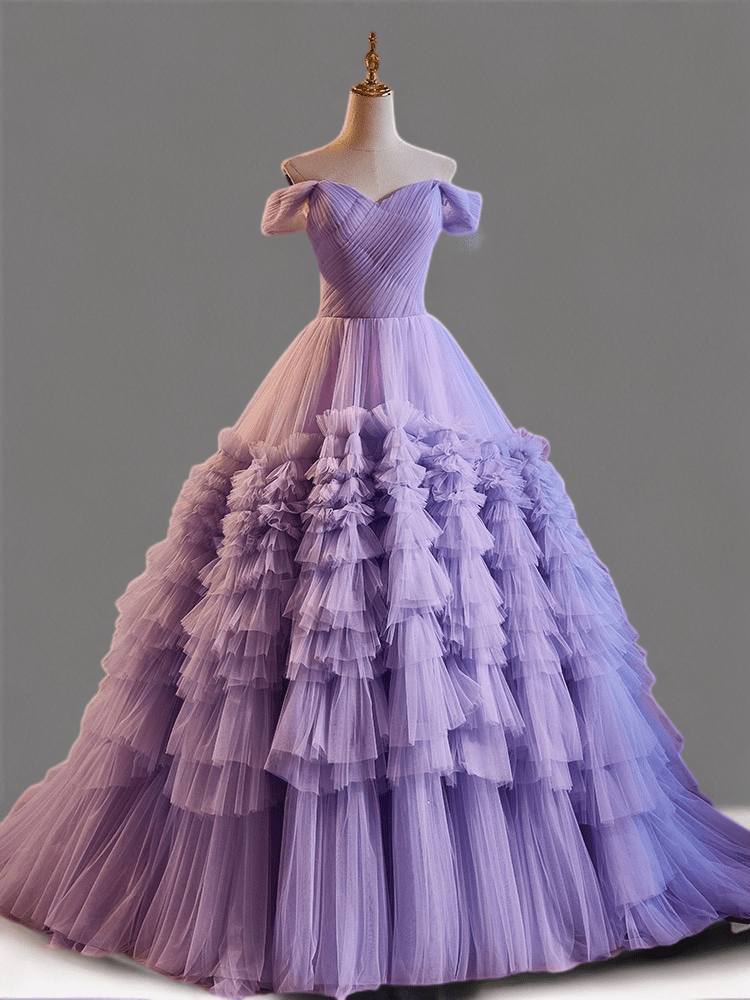 Purple Tulle Off the Shoulder Prom Dress, A-Line V-Neck Floor Length Formal Dress US 2 / Purple Purple Tulle Off the Shoulder Prom Dress, A-Line V-Neck Floor Length Formal Dress US 2 / Purple