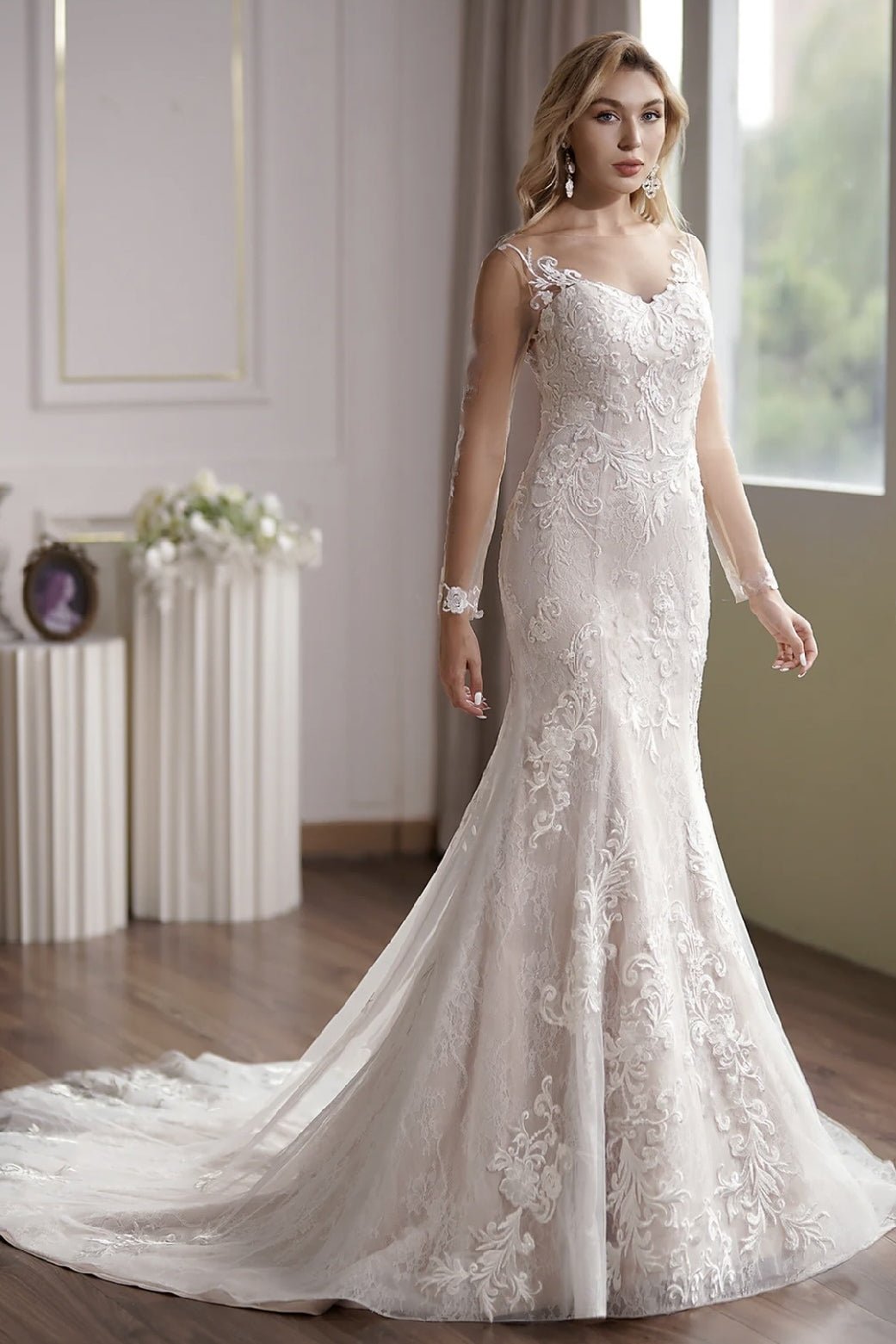 fitted lace wedding dress Wirunsy Women's Long Sleeve Lace Boho Wedding Dresses for Brides Mermaid  Illusion Ivory Bridal Gowns for Beach Wedding Party 0 at Amazon Women's  Clothing store main image 0