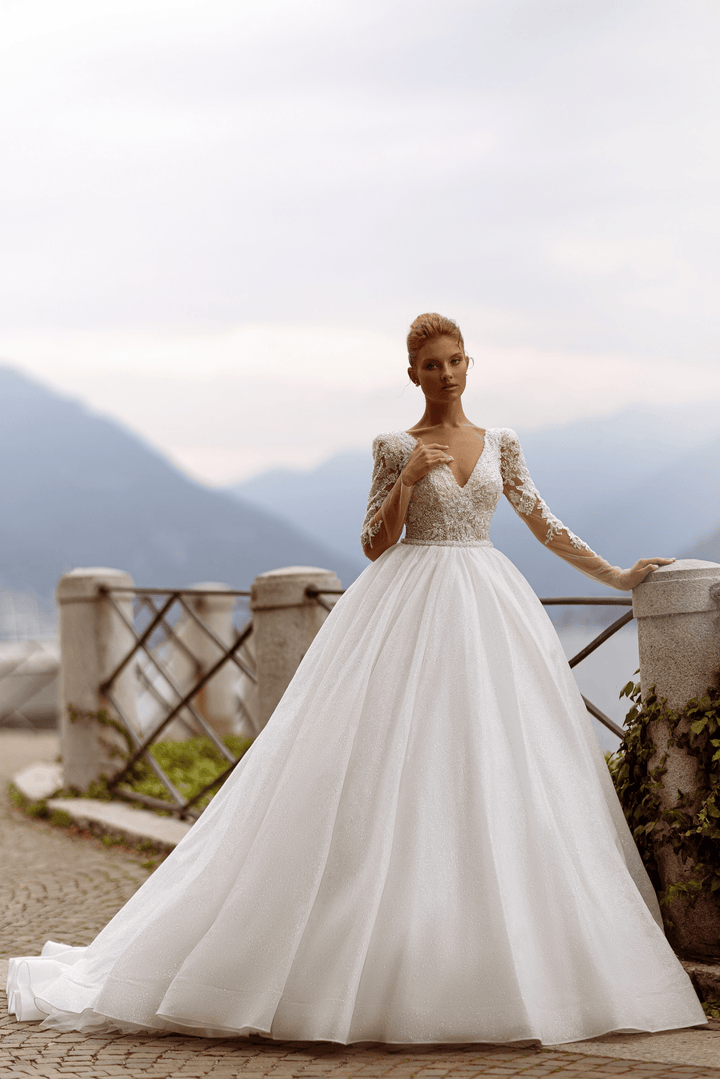 Long Sleeves Wedding Dress - Aline Wedding Dress with Lace Sleeves - Lace Bodice Wedding Gown Plus Size - WonderlandByLilian