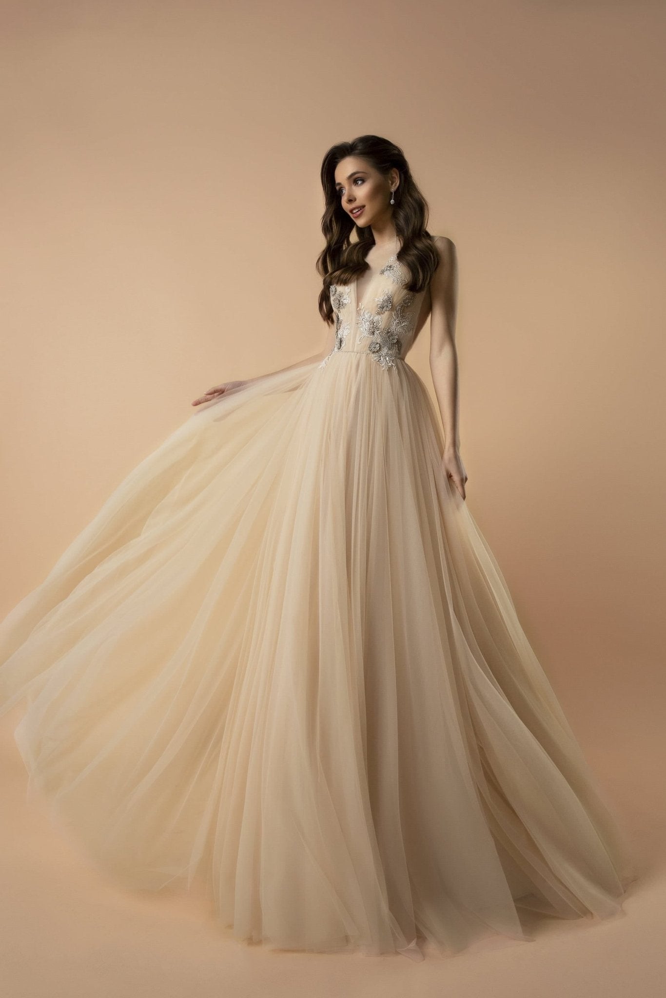 champagne and silver wedding dress BABARONI Tulle Lace Ivory/Champagne Wedding Dresses A-line Off Shoulder Short Sleeve With Slit Sweep Train, Ivory/Champagne / US0
