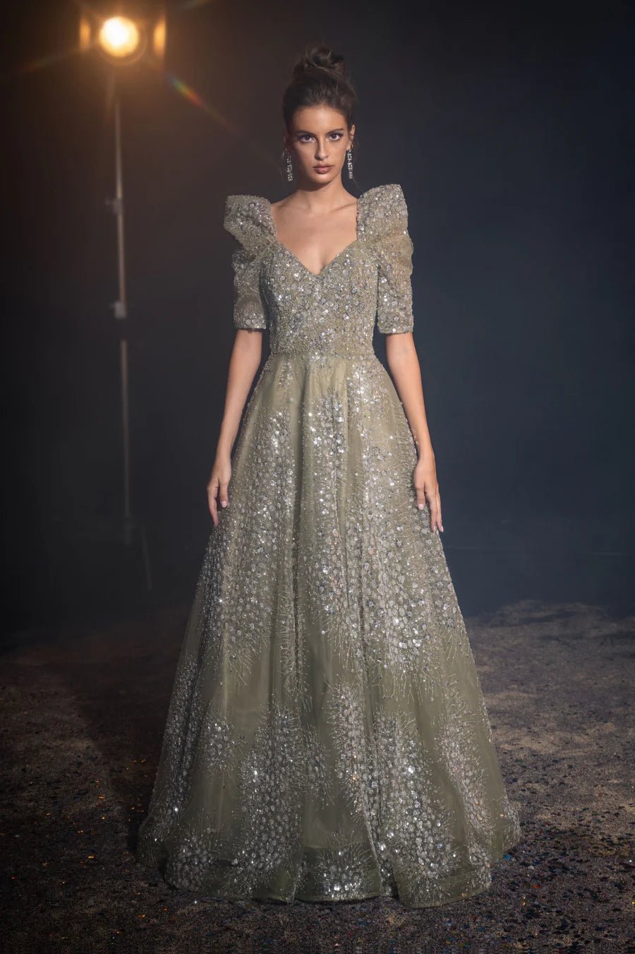 slim fit dress slacks Luxurious Champagne Green Sequin Evening Gown with Puff Sleeves