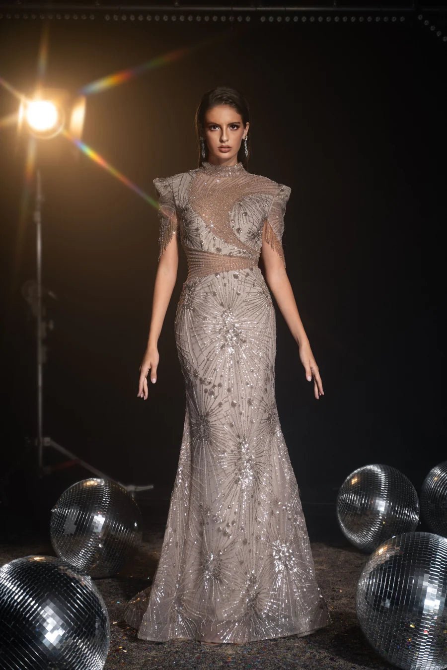 Luxurious khaki Sequin Evening Gown with Fringe Sleeves - Pretty Sequin Dress and Designer Sequin Gown Plus Size US 14 / Champagne Luxurious khaki Sequin Evening Gown with Fringe Sleeves - Pretty Sequin Dress and Designer Sequin Gown Plus Size US 14 / Champagne