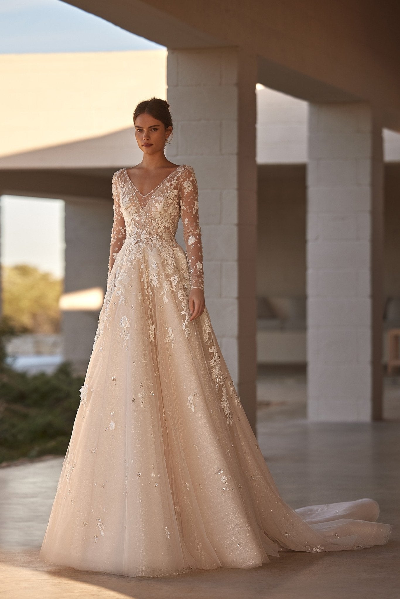 Luxurious Long Sleeve Lace Wedding Dress with Beaded Details and Elegant Train Plus Size Size 4