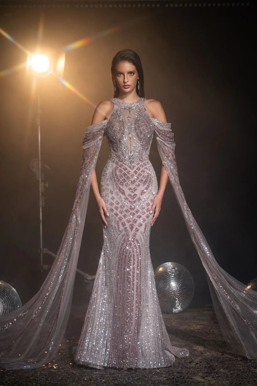 Luxurious Mauve Sequin Evening Gown with Sheer long sleeves - Pretty S –  WonderlandByLilian