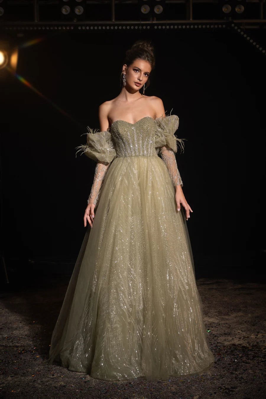 Luxurious Olive Green Sequin Evening Gown with Feathered Sleeves - Pretty Sequin Dress and Elegant Designer Gown Plus Size Luxurious Olive Green Sequin Evening Gown with Feathered Sleeves - Pretty Sequin Dress and Elegant Designer Gown Plus Size